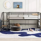 Lit mi-hauteur double avec escalier de rangement, cadre de lit mezzanine en métal avec barrière de sécurité pour chambre d'enfants filles garçons
