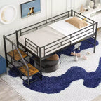 Lit mi-hauteur double avec escalier de rangement, cadre de lit mezzanine en métal avec barrière de sécurité pour chambre d'enfants filles garçons