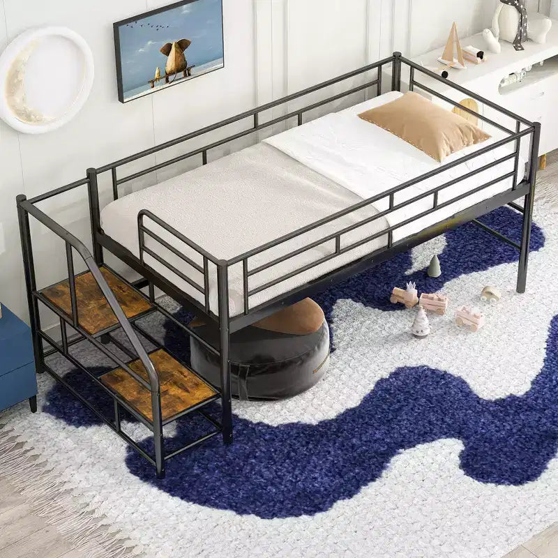 Lit mi-hauteur double avec escalier de rangement, cadre de lit mezzanine en métal avec barrière de sécurité pour chambre d'enfants filles garçons