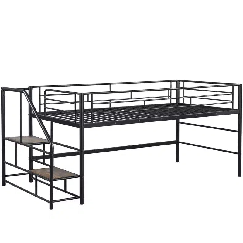 Lit mi-hauteur double avec escalier de rangement, cadre de lit mezzanine en métal avec barrière de sécurité pour chambre d'enfants filles garçons