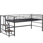 Lit mi-hauteur double avec escalier de rangement, cadre de lit mezzanine en métal avec barrière de sécurité pour chambre d'enfants filles garçons