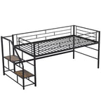 Lit mi-hauteur double avec escalier de rangement, cadre de lit mezzanine en métal avec barrière de sécurité pour chambre d'enfants filles garçons