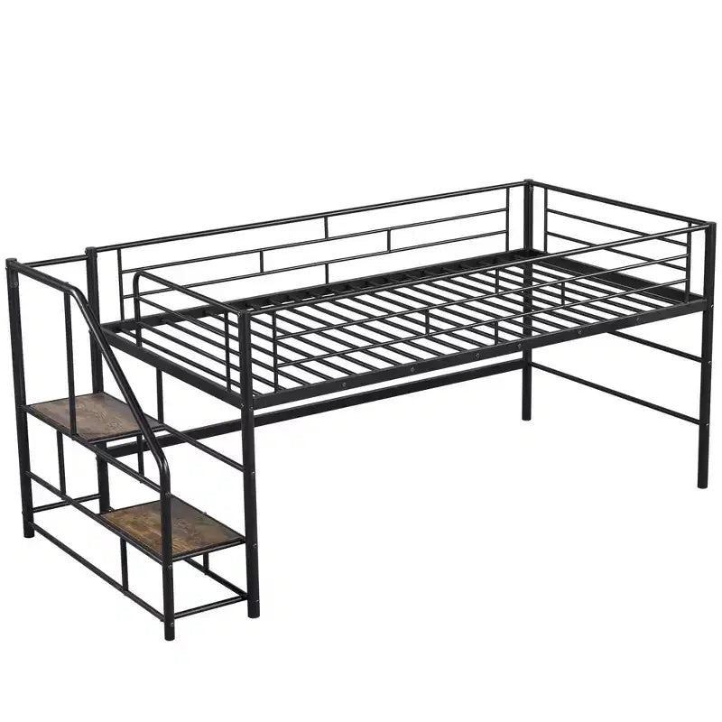 Lit mi-hauteur double avec escalier de rangement, cadre de lit mezzanine en métal avec barrière de sécurité pour chambre d'enfants filles garçons