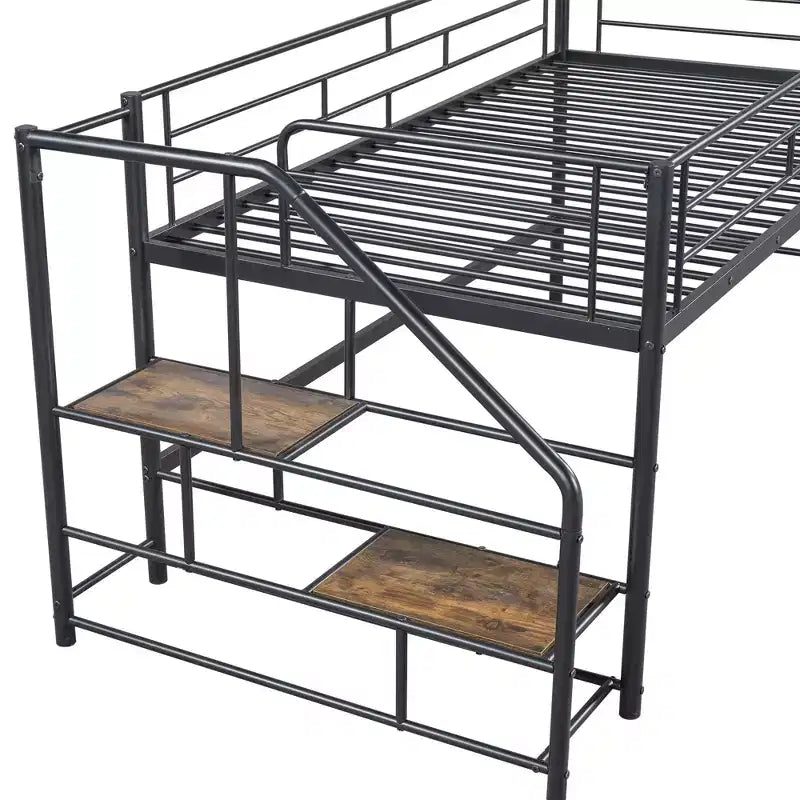 Lit mi-hauteur double avec escalier de rangement, cadre de lit mezzanine en métal avec barrière de sécurité pour chambre d'enfants filles garçons