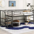 Twin Size Mid Loft Bed with Storage Stairs, Metal Loft Bed Frame with Safety Guardrail for Kids Teen Girls Boys Bedroom