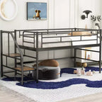 Twin Size Mid Loft Bed with Storage Stairs, Metal Loft Bed Frame with Safety Guardrail for Kids Teen Girls Boys Bedroom