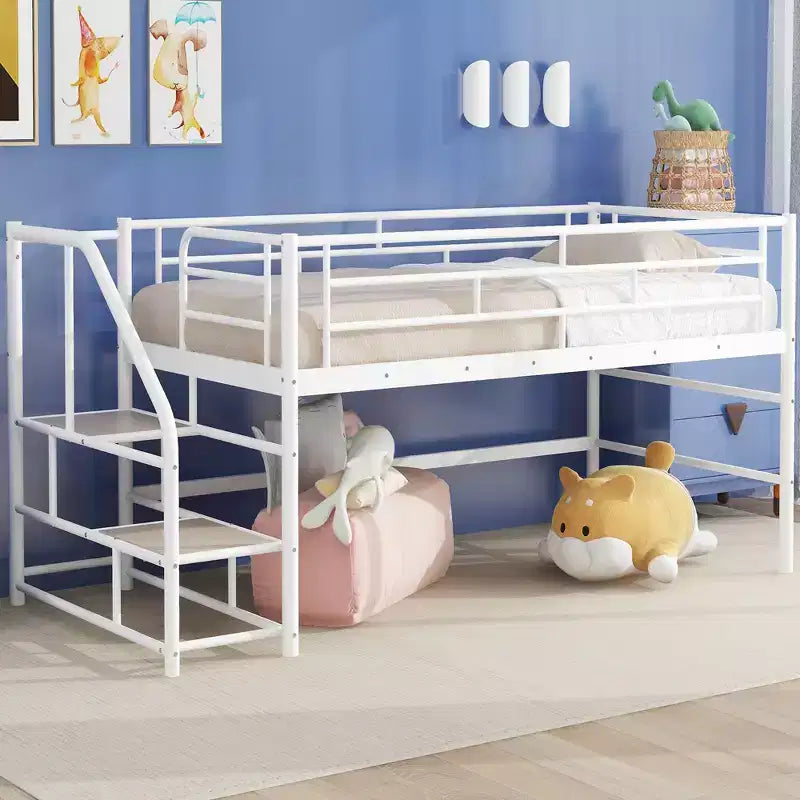 Lit mi-hauteur double avec escalier de rangement, cadre de lit mezzanine en métal avec barrière de sécurité pour chambre d'enfants filles garçons