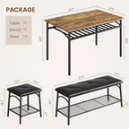 Ensemble de salle à manger Coolmee Square pour 4 personnes, table de cuisine avec plateau en bois, 2 chaises rembourrées et un banc, ensemble de salle à manger rustique avec rangement