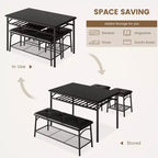 Ensemble de salle à manger Coolmee Square pour 4 personnes, table de cuisine avec plateau en bois, 2 chaises rembourrées et un banc, ensemble de salle à manger rustique avec rangement