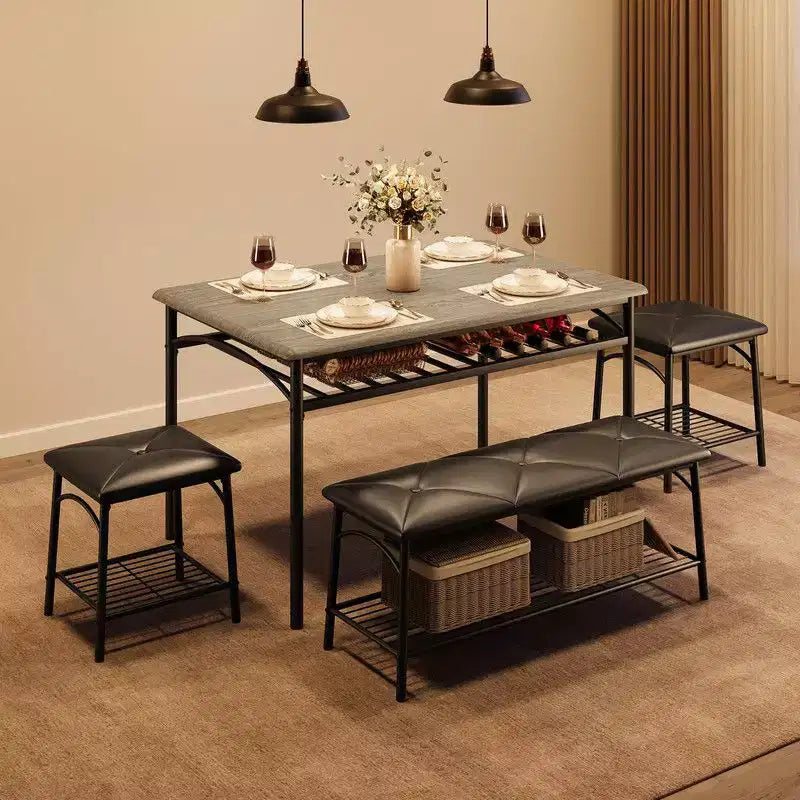Ensemble de salle à manger Coolmee Square pour 4 personnes, table de cuisine avec plateau en bois, 2 chaises rembourrées et un banc, ensemble de salle à manger rustique avec rangement