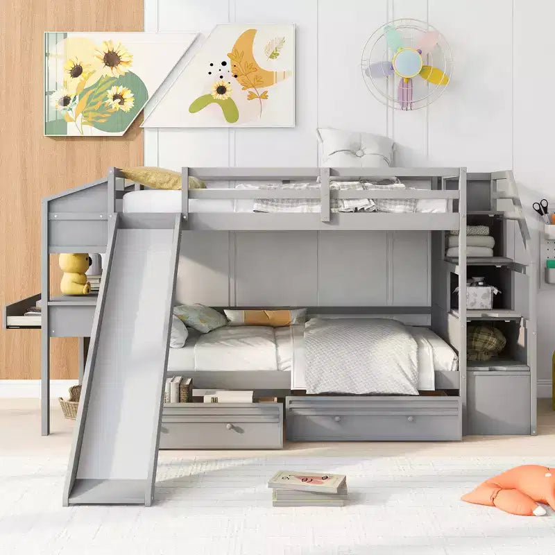 Bellemave Twin over Twin Bunk Bed with Storage Staircase, Slide and Drawers, Desk with Drawers and Shelves, Gray