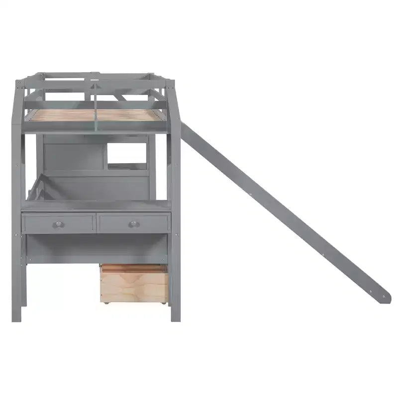 Bellemave Lit superposé jumeau sur jumeau avec escalier de rangement, toboggan et tiroirs, bureau avec tiroirs et étagères, gris