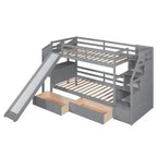 Bellemave Lit superposé jumeau sur jumeau avec escalier de rangement, toboggan et tiroirs, bureau avec tiroirs et étagères, gris
