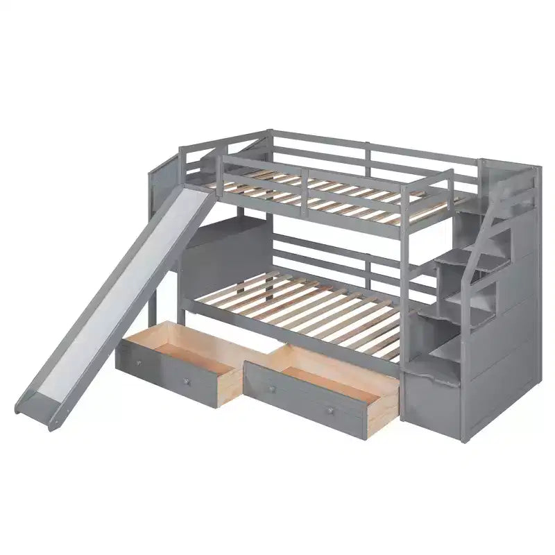 Bellemave Lit superposé jumeau sur jumeau avec escalier de rangement, toboggan et tiroirs, bureau avec tiroirs et étagères, gris