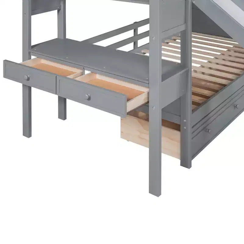 Bellemave Lit superposé jumeau sur jumeau avec escalier de rangement, toboggan et tiroirs, bureau avec tiroirs et étagères, gris