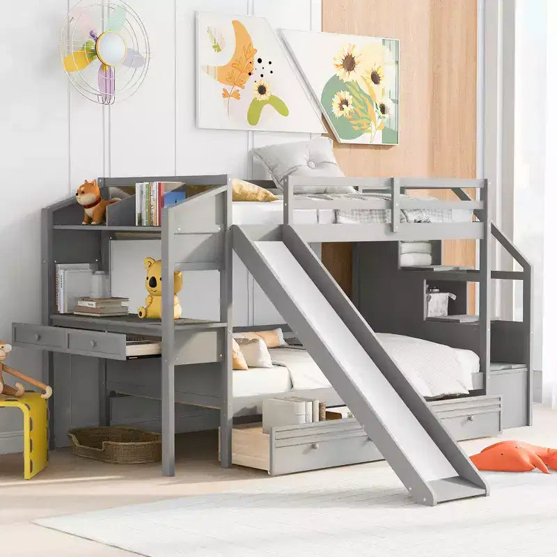 Bellemave Lit superposé jumeau sur jumeau avec escalier de rangement, toboggan et tiroirs, bureau avec tiroirs et étagères, gris
