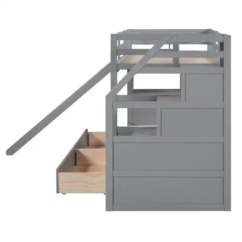 Bellemave Lit superposé jumeau sur jumeau avec escalier de rangement, toboggan et tiroirs, bureau avec tiroirs et étagères, gris