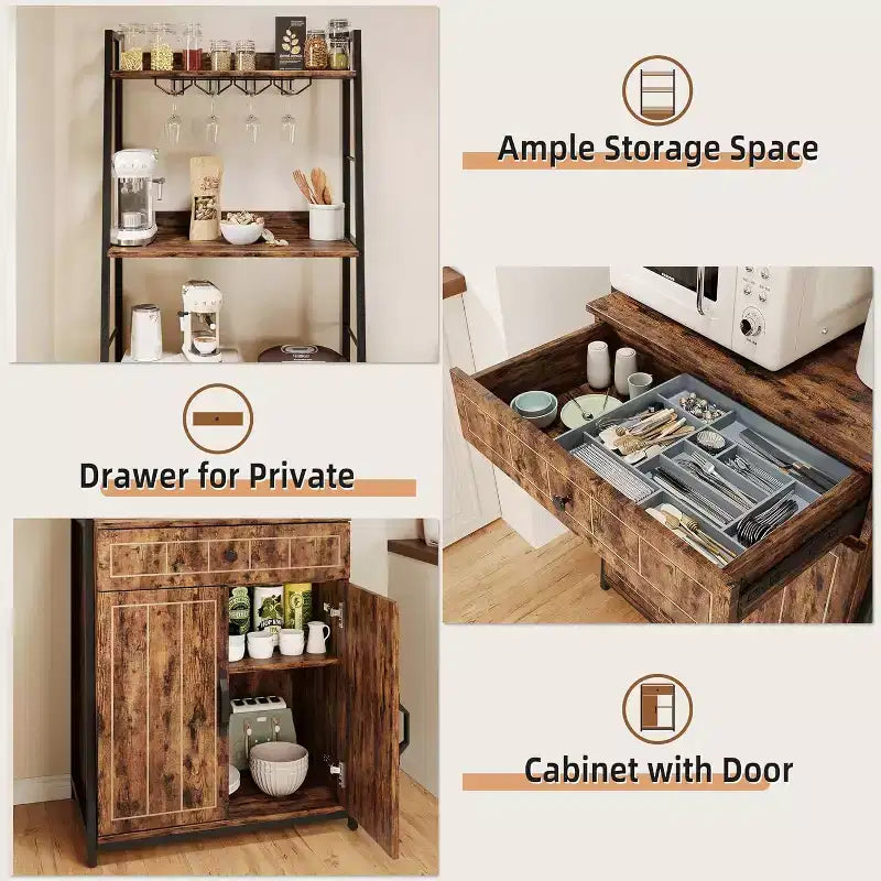 COZONY Étagère de boulangerie 71 avec tiroir et placard, support de micro-ondes à 5 niveaux avec porte-verres, grand bar à café de cuisine industriel, vintage