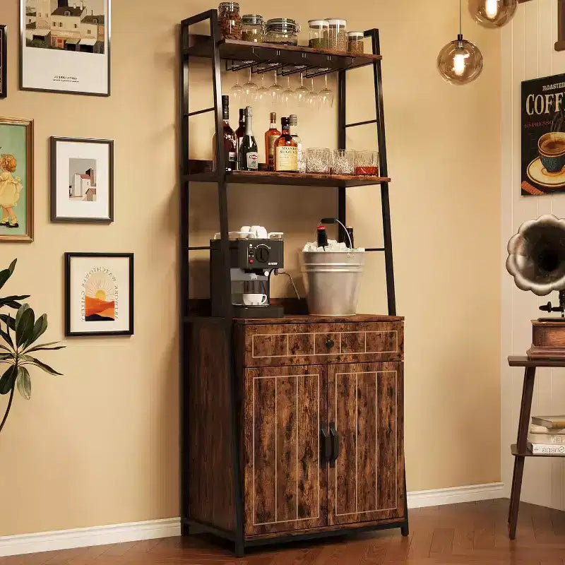 COZONY Étagère de boulangerie 71 avec tiroir et placard, support de micro-ondes à 5 niveaux avec porte-verres, grand bar à café de cuisine industriel, vintage