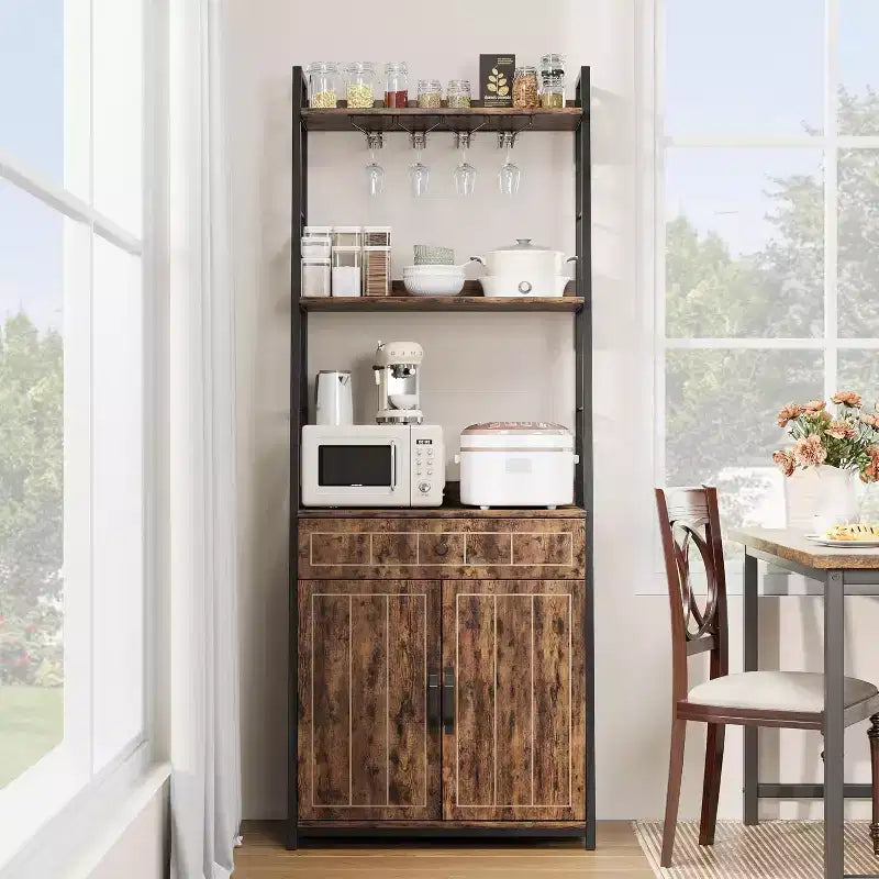 COZONY Étagère de boulangerie 71 avec tiroir et placard, support de micro-ondes à 5 niveaux avec porte-verres, grand bar à café de cuisine industriel, vintage