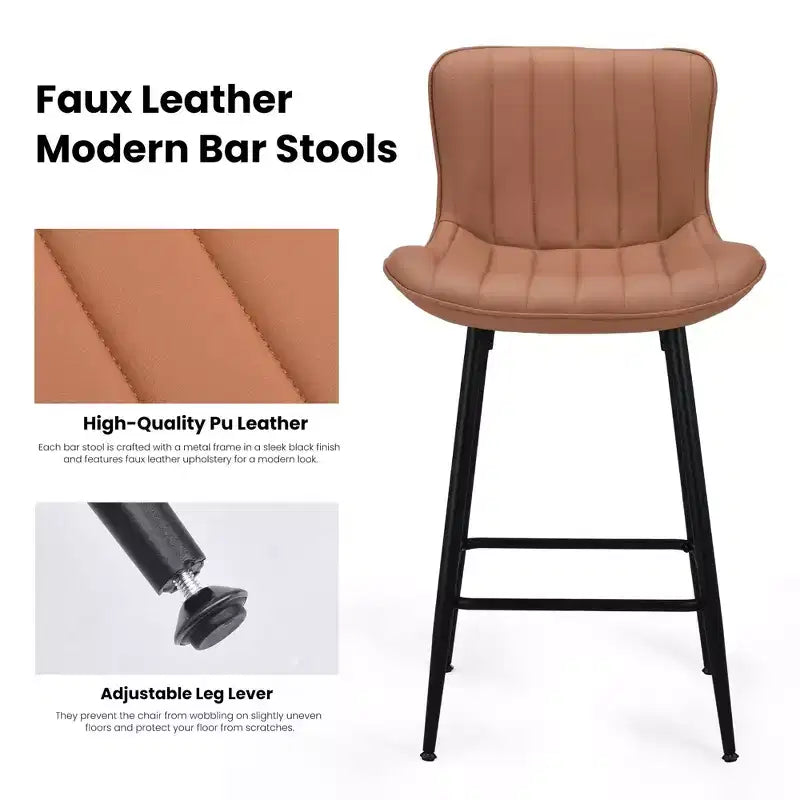Lot de 2 tabourets de bar Okak en similicuir, hauteur comptoir pour salles à manger, chaises sans accoudoirs, tabourets de bar avec pieds en métal noir