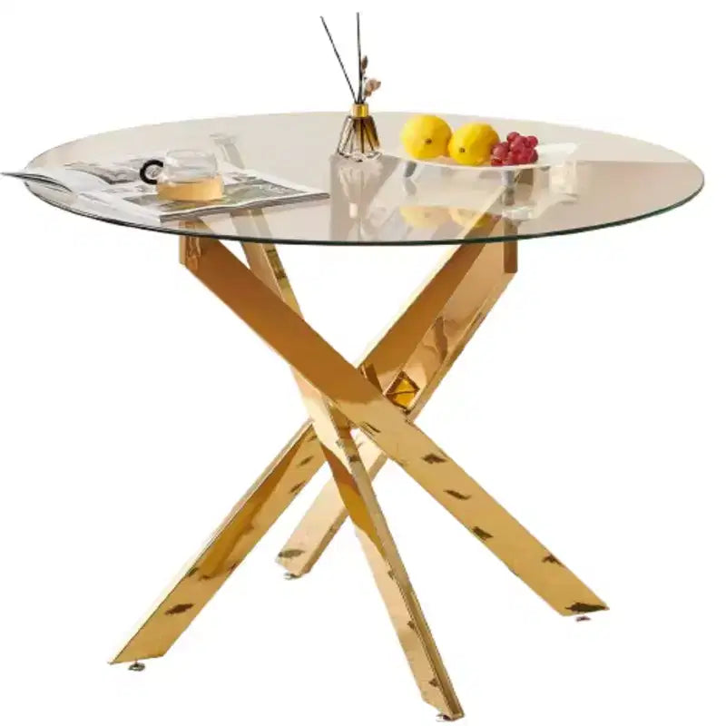 Table de salle à manger ronde Homy Casa, plateau en verre transparent avec base en métal doré, petit espace, réunion de famille, transparent et doré