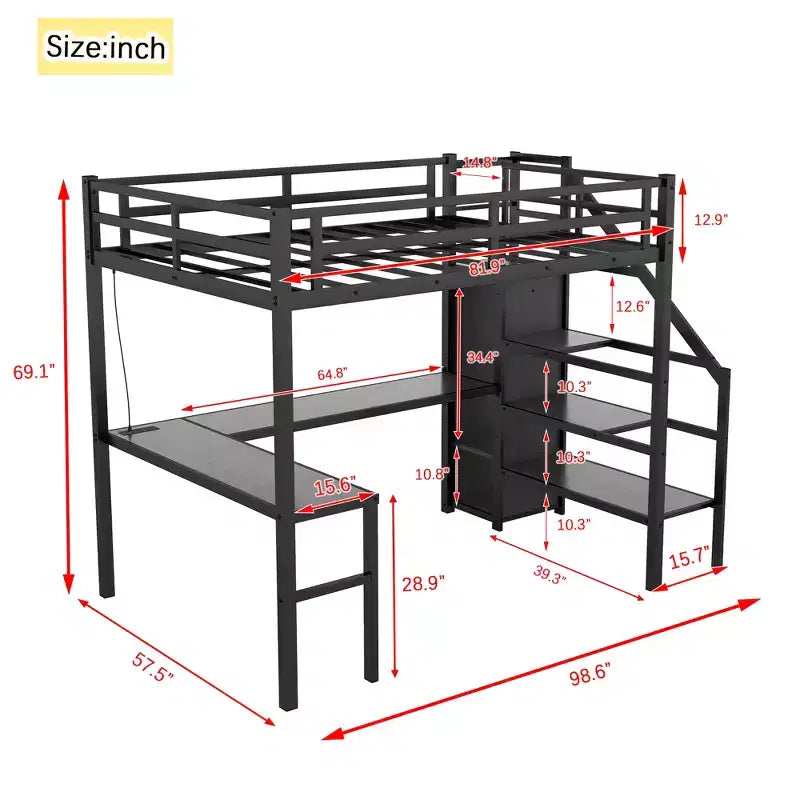 Lit mezzanine Bellemave grande taille XL avec bureau en L et port USB, avec armoire et étagère réglable, lit mezzanine haut avec LED pour enfants, adolescents et adultes, noir