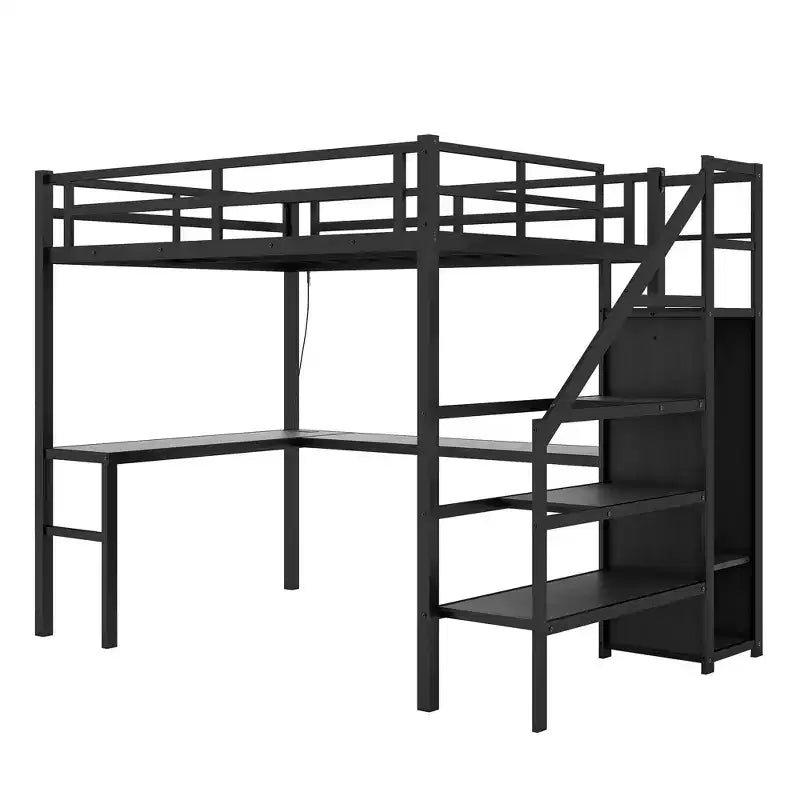 Lit mezzanine Bellemave grande taille XL avec bureau en L et port USB, avec armoire et étagère réglable, lit mezzanine haut avec LED pour enfants, adolescents et adultes, noir