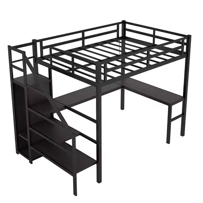 Lit mezzanine Bellemave grande taille XL avec bureau en L et port USB, avec armoire et étagère réglable, lit mezzanine haut avec LED pour enfants, adolescents et adultes, noir
