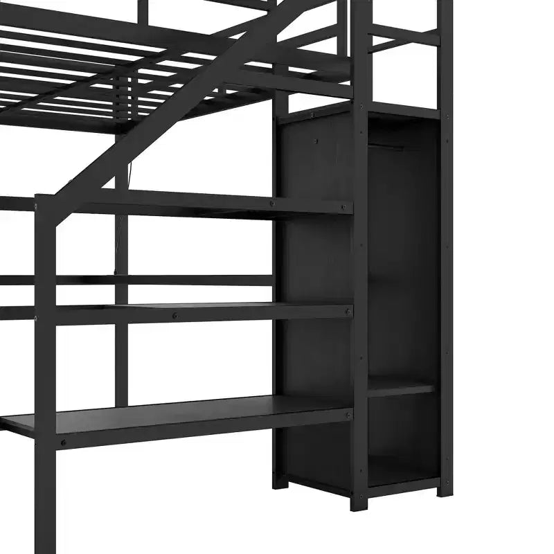 Lit mezzanine Bellemave grande taille XL avec bureau en L et port USB, avec armoire et étagère réglable, lit mezzanine haut avec LED pour enfants, adolescents et adultes, noir