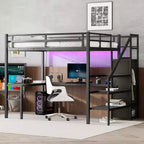 Lit mezzanine Bellemave grande taille XL avec bureau en L et port USB, avec armoire et étagère réglable, lit mezzanine haut avec LED pour enfants, adolescents et adultes, noir