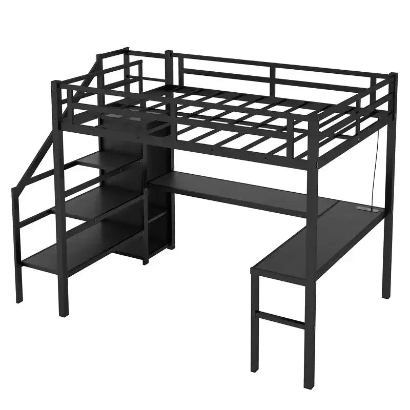 Lit mezzanine Bellemave grande taille XL avec bureau en L et port USB, avec armoire et étagère réglable, lit mezzanine haut avec LED pour enfants, adolescents et adultes, noir