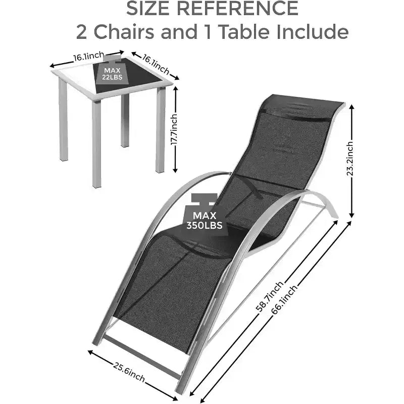 Chaise longue d'extérieur 3 pièces, chaise longue de plage inclinable avec accoudoirs et table d'appoint pour piscine, terrasse, balcon, jardin.