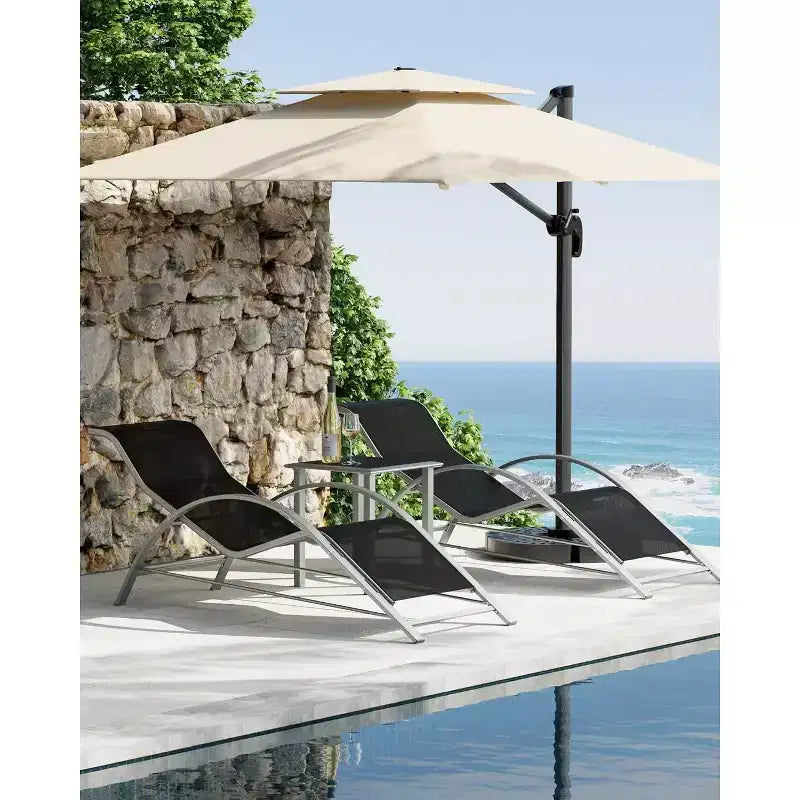Chaise longue d'extérieur 3 pièces, chaise longue de plage inclinable avec accoudoirs et table d'appoint pour piscine, terrasse, balcon, jardin.