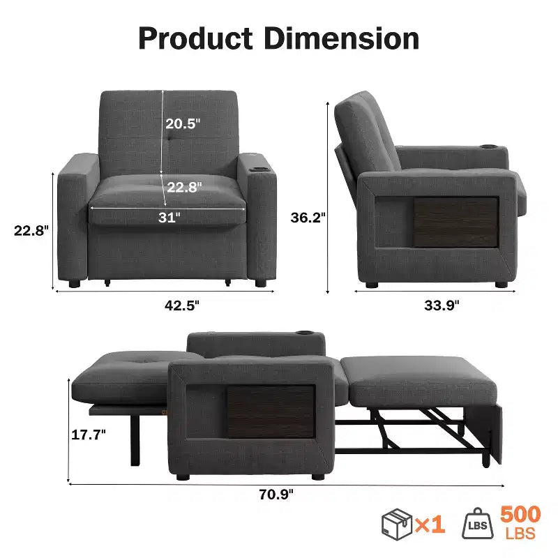 Dyonery 42.5 Canapé-lit convertible avec lit gigogne, fauteuil inclinable 3-en-1 avec dossier réglable, ports USB et tablette latérale