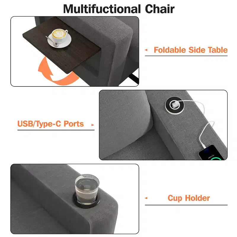 Dyonery 42.5 Canapé-lit convertible avec lit gigogne, fauteuil inclinable 3-en-1 avec dossier réglable, ports USB et tablette latérale