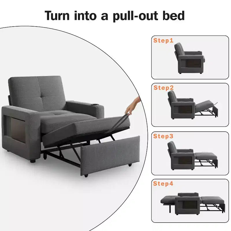 Dyonery 42.5 Canapé-lit convertible avec lit gigogne, fauteuil inclinable 3-en-1 avec dossier réglable, ports USB et tablette latérale