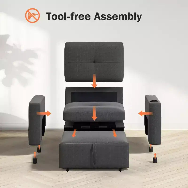 Dyonery 42.5 Canapé-lit convertible avec lit gigogne, fauteuil inclinable 3-en-1 avec dossier réglable, ports USB et tablette latérale