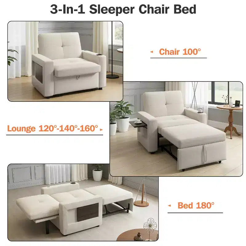 Dyonery 42.5 Canapé-lit convertible avec lit gigogne, fauteuil inclinable 3-en-1 avec dossier réglable, ports USB et tablette latérale