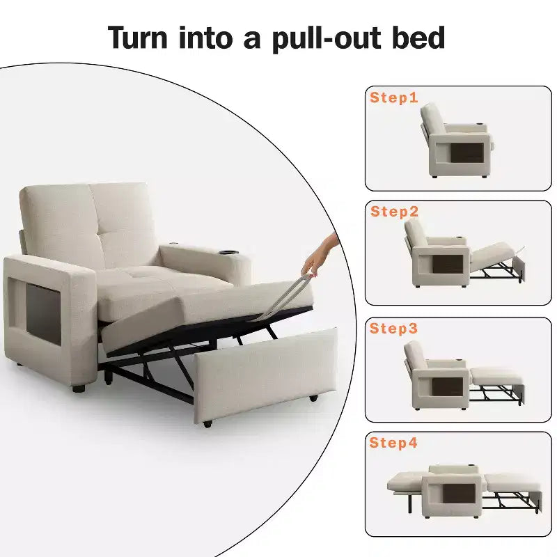 Dyonery 42.5 Canapé-lit convertible avec lit gigogne, fauteuil inclinable 3-en-1 avec dossier réglable, ports USB et tablette latérale