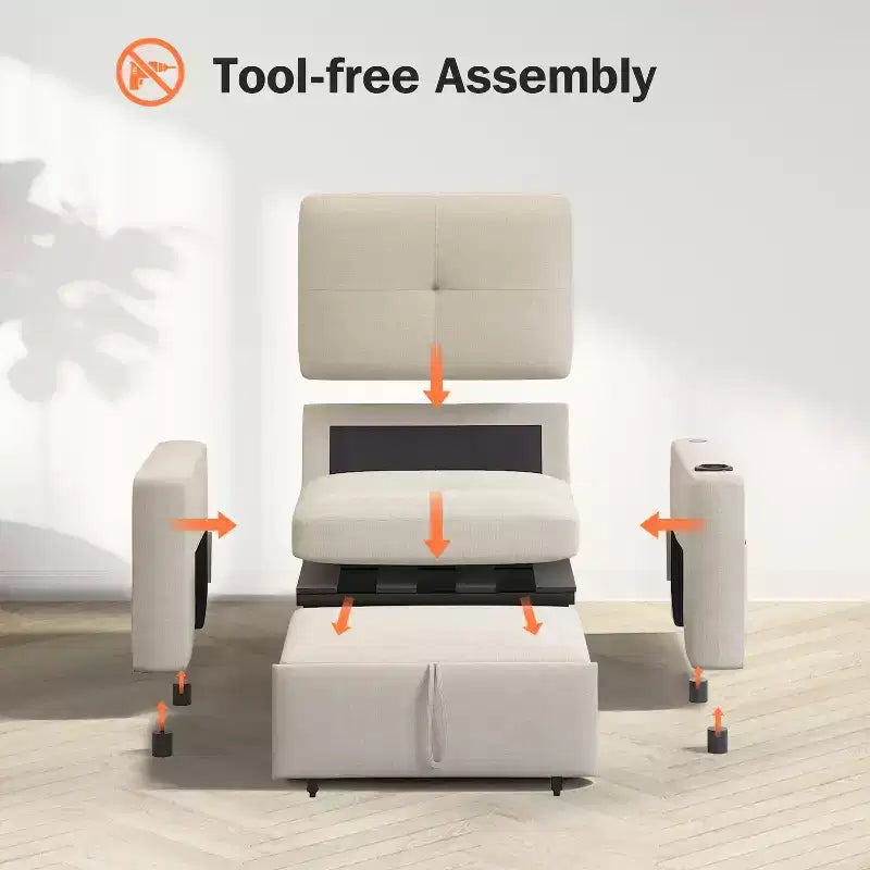 Dyonery 42.5 Canapé-lit convertible avec lit gigogne, fauteuil inclinable 3-en-1 avec dossier réglable, ports USB et tablette latérale