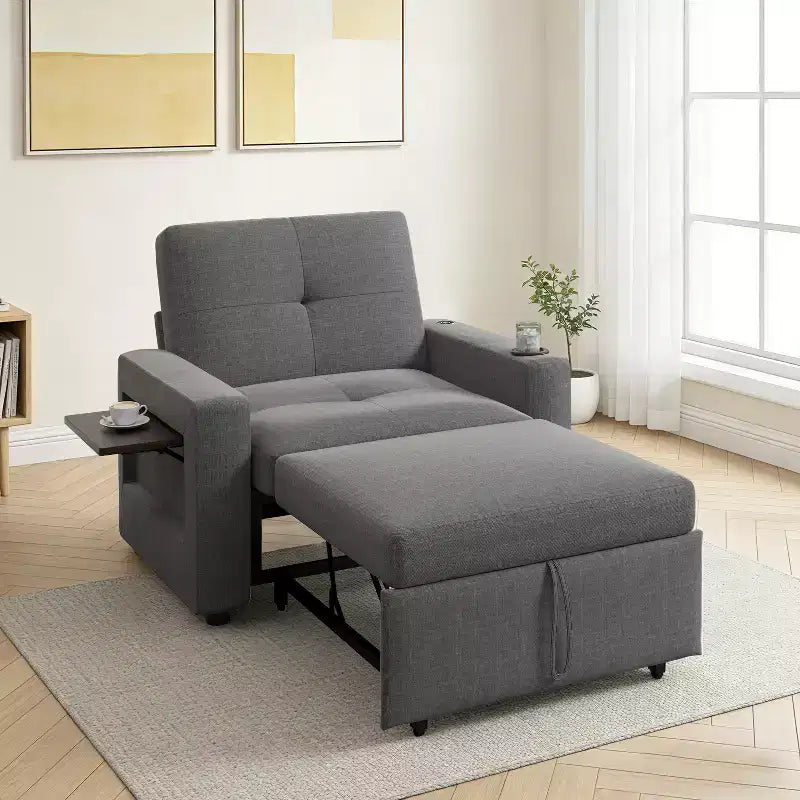 Dyonery 42.5 Canapé-lit convertible avec lit gigogne, fauteuil inclinable 3-en-1 avec dossier réglable, ports USB et tablette latérale