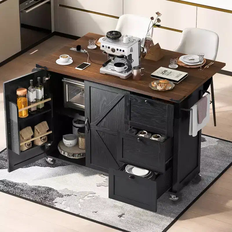 Bellemave Îlot de cuisine de ferme de 54,5 po avec prise de courant, avec étagère de rangement interne, pour la maison, la cuisine et la salle à manger, noir