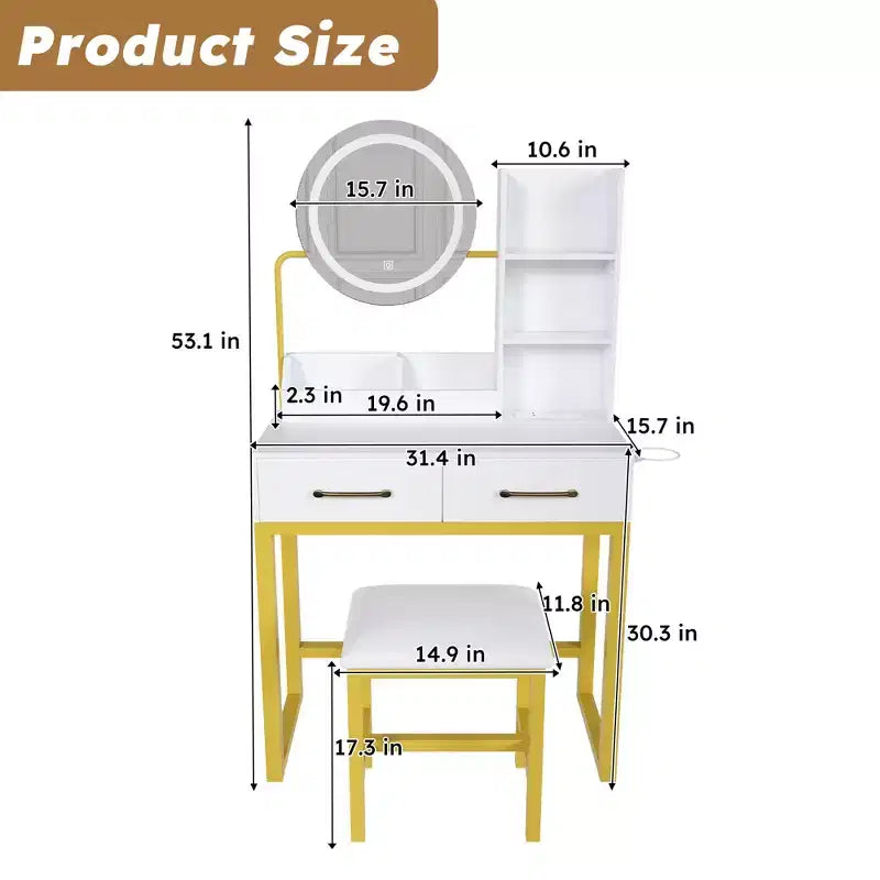 Coiffeuse moderne Okak avec miroir rond et lumières LED, bureau de rangement avec chaise et prise électrique, ensemble de coiffeuse pour chambres à coucher