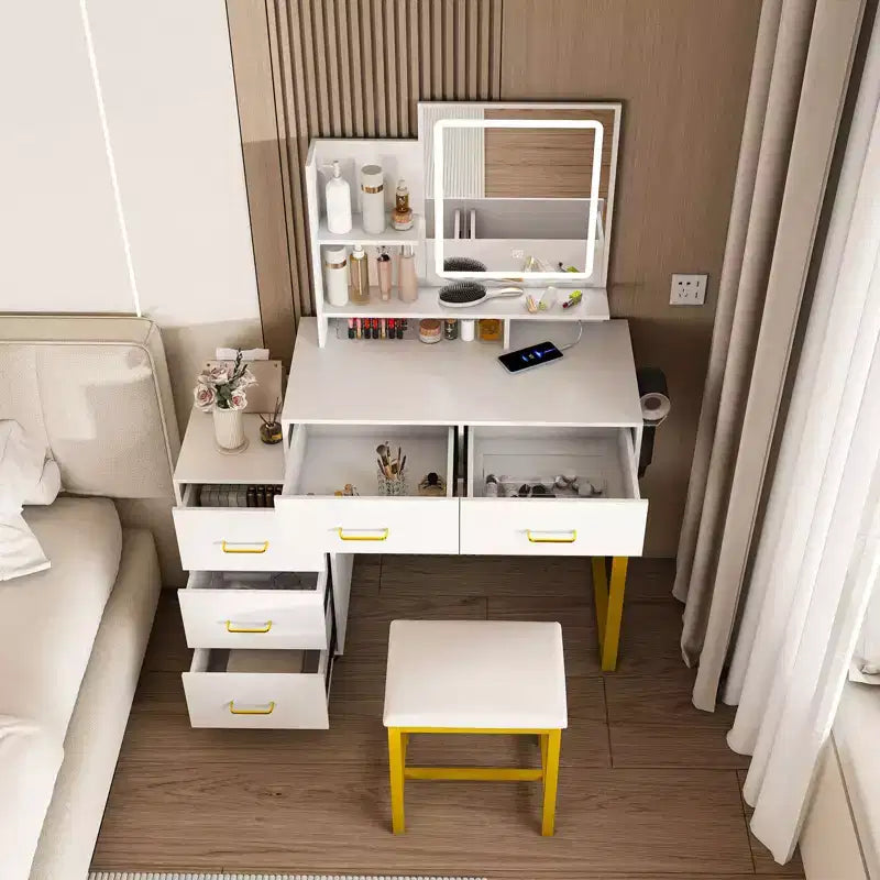 Coiffeuse moderne Okak avec miroir rond et lumières LED, bureau de rangement avec chaise et prise électrique, ensemble de coiffeuse pour chambres à coucher
