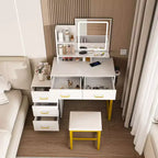 Coiffeuse moderne Okak avec miroir rond et lumières LED, bureau de rangement avec chaise et prise électrique, ensemble de coiffeuse pour chambres à coucher