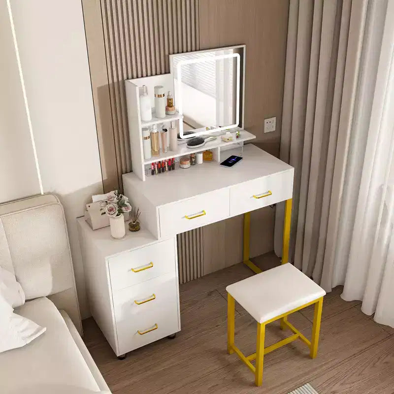 Coiffeuse moderne Okak avec miroir rond et lumières LED, bureau de rangement avec chaise et prise électrique, ensemble de coiffeuse pour chambres à coucher