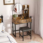 Coiffeuse moderne Okak avec miroir rond et lumières LED, bureau de rangement avec chaise et prise électrique, ensemble de coiffeuse pour chambres à coucher
