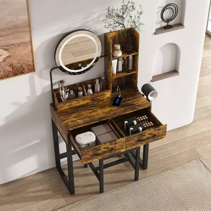 Coiffeuse moderne Okak avec miroir rond et lumières LED, bureau de rangement avec chaise et prise électrique, ensemble de coiffeuse pour chambres à coucher