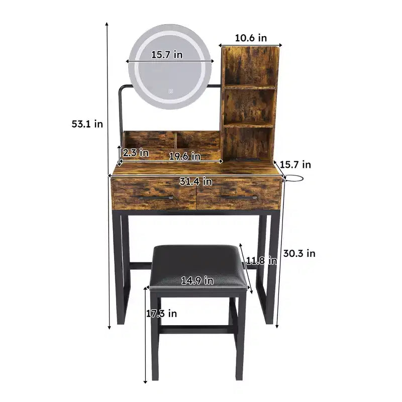 Coiffeuse moderne Okak avec miroir rond et lumières LED, bureau de rangement avec chaise et prise électrique, ensemble de coiffeuse pour chambres à coucher